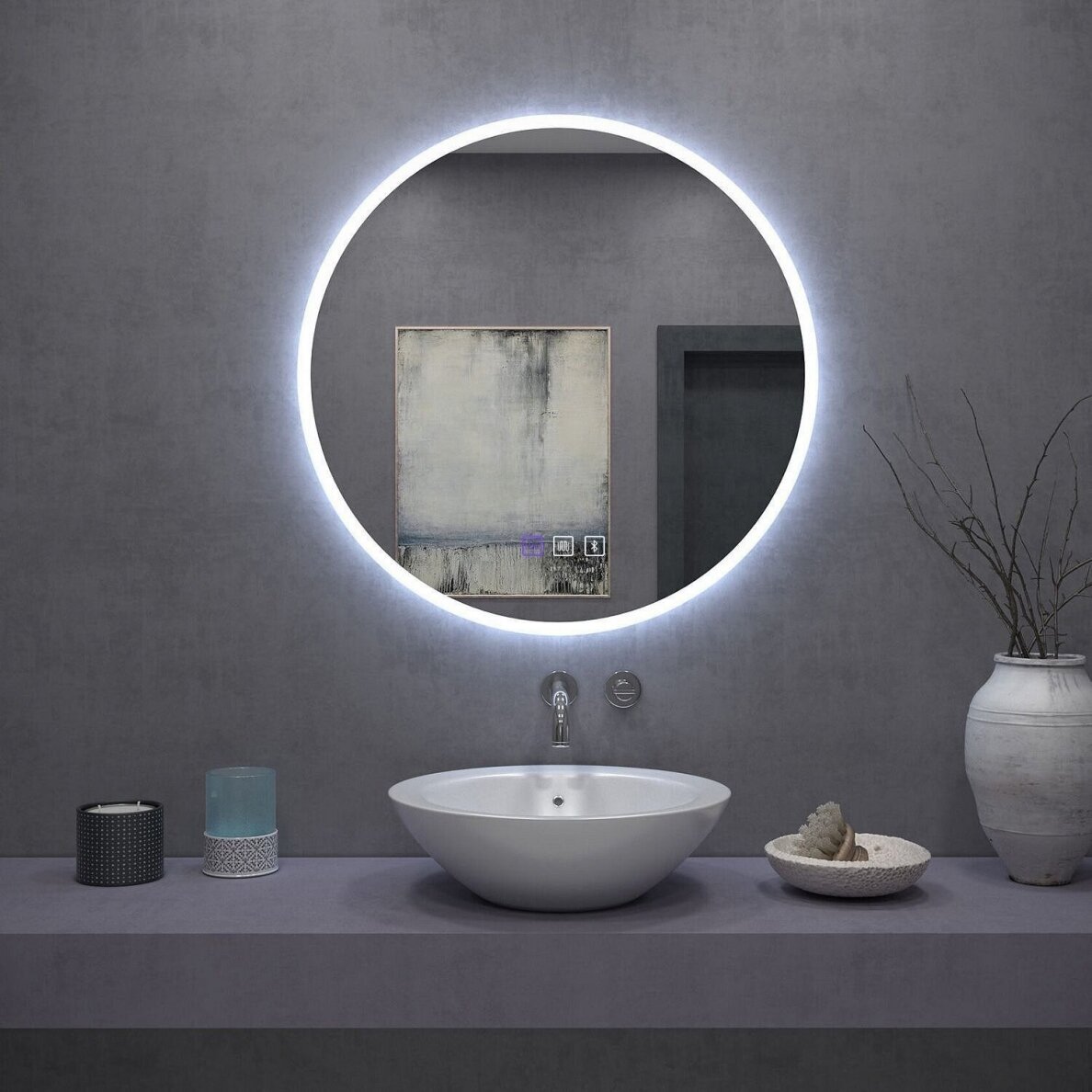 Bluetooth apvalus šviečiantis veidrodis su nerasojimo funkcija AP28 (reguliuojama LED spalva) 5