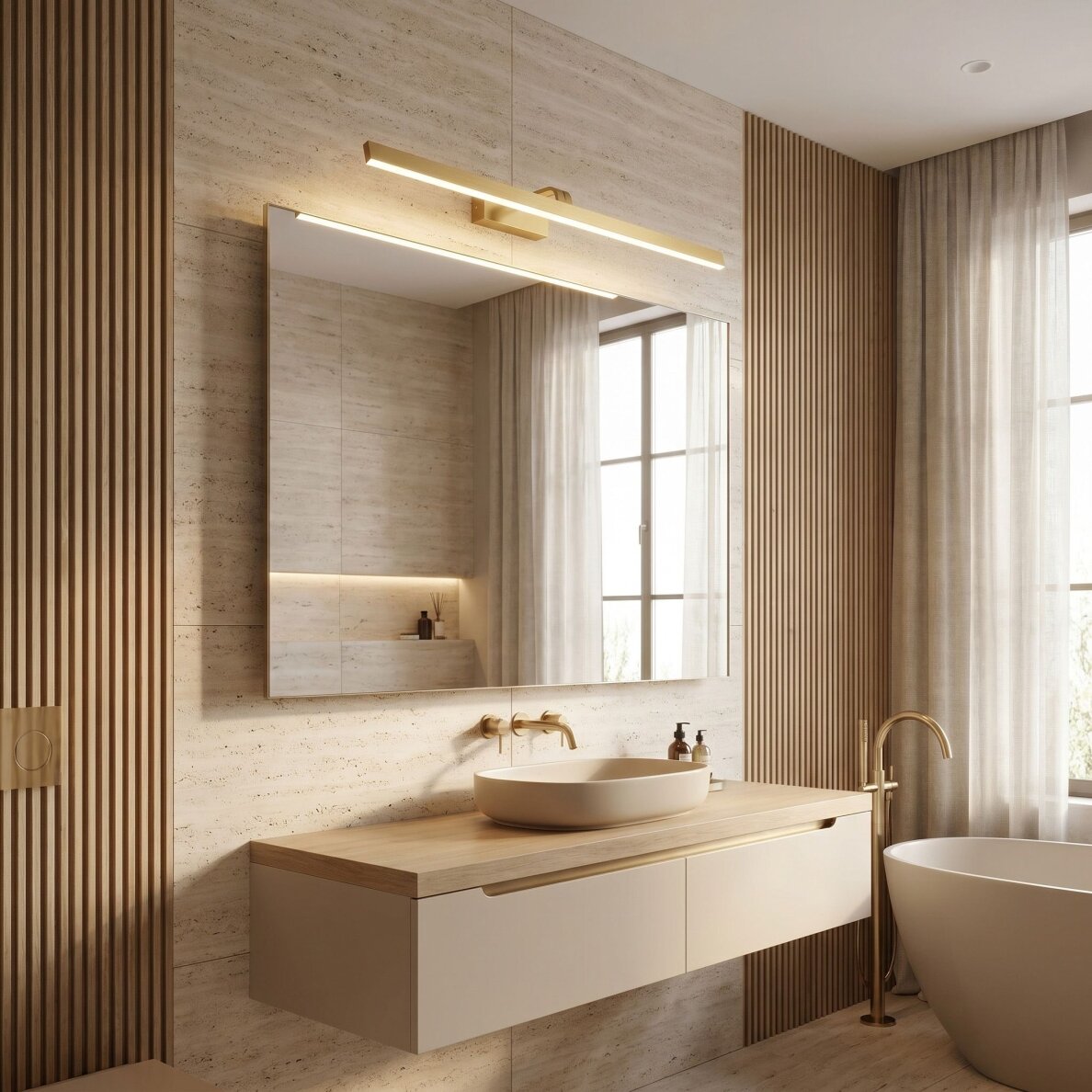 Vonios sieninis LED šviestuvas SWE009-1W 73cm BRUSH GOLD 3 Vonios sieninis LED šviestuvas SWE009-1W 73cm BRUSH GOLD 3